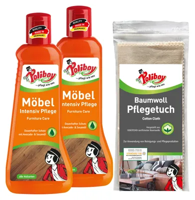 Produktbild von Poliboy 2er Möbel Intensiv Pflege + Baumwolltuch - 2x500ml - zur Reinigung, Pflege und zum Schutz von Möbeloberflächen unterschiedlicher Art - 1150001