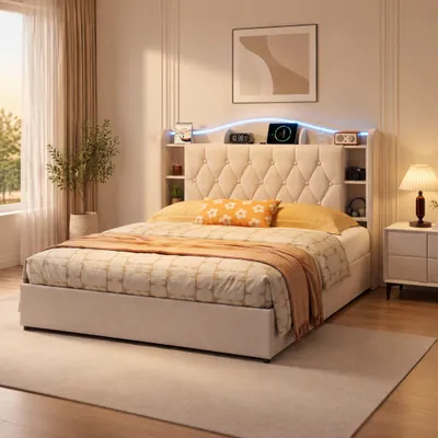 Obrázok produktu pre INONEFT Posteľ s pružinovým roštom 140x200 cm s LED/USB, čalúnená posteľ s úložným priestorom, posteľ s úložným priestorom, rám postele pre mládež s pružinovým roštom, zamat, béžová
