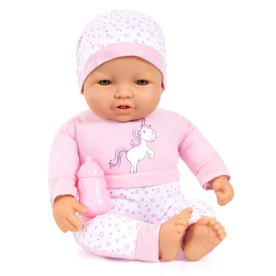 Produktbild von Bayer Design 95001AC Babypuppe, große Puppe 50 cm, Weichkörperpuppe, süßes Outfit mit Mütze, Flasche - für Rollenpiele der Kinder