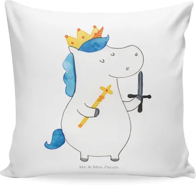 Produktbild von Mr. & Mrs. Panda kuschelkissen 40x40 Einhorn König mit Schwert - Weiß - Geschenk, Kissen, Mittelalter, Unicorn, Ritter, Lounge, bedruckt, Einhörner, wurfkissen, für sofa