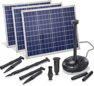 A solar-powered fountain pump kit with multiple solar panels and accessories.