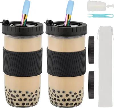 Immagine prodotto di Tazza riutilizzabile per bubble tea da 24 once, con 2 cannucce e 4 coperchi - confezione da 2