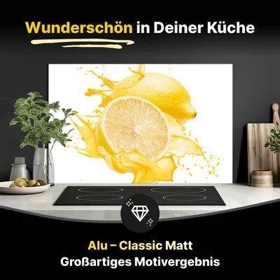Produktbild von Spritzschutz Küchenrückwand aus Aluminiumverbund in Matt 80x60 cm - Zitronen in gelbem Saft