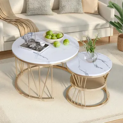 Produktbild von INONEFT Couchtisch 2er-Set,Beistelltisch mit Stauraum,Marmoroptik & Metallgestell,Tisch rund für Wohnzimmer,Balkon,Sofatisch 70 & 45cm,Weiß+Gold