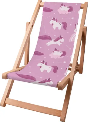 A foldable wooden deck chair with a pink fabric featuring a unicorn and cloud pattern.