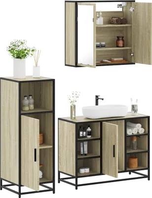 Produktbild von 3-tlg. Badmöbel-Set moderne - mit Stauraum - Sonoma-Eiche Holzwerkstoff - Badezimmer CC15996