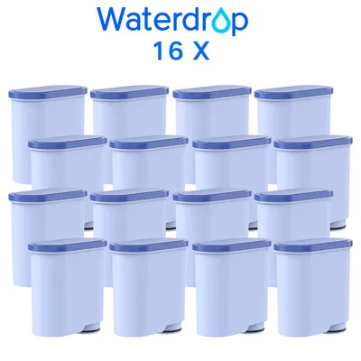 A collection of water filters arranged in rows on a white background.
