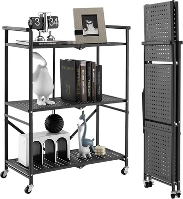 Produktbild von KOMFOTTEU Lagerregal klappbar, Küchenregal auf Rollen 3 Etagen, Faltbarer Metallregal, Klappregal Aufbewahrungswagen aus Metall, Regal 73x33x94 cm, Schwarz