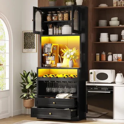 Produktbild von Flieks 180cm Hochschrank mit gewölbten Glastüren, LED-Beleuchtung, Küchenschränke mit einstellbare Böden, Weinregal, USB-Anschluss, Sideboard, Schwarz