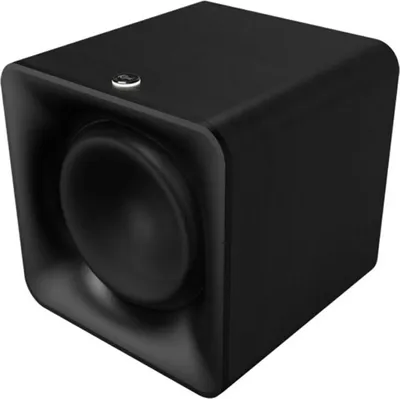 A black Klipsch subwoofer is shown from a three-quarter angle against a white background.