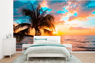 Produktbild von MuchoWow® Fototapete für Wohnzimmer oder Schlafzimmer Wandtapete Vinyl Motivtapete Palme - Sonnenuntergang - Horizont - Strand - Meer - Tropisch - 375x280 cm - Schlafzimmer tapete