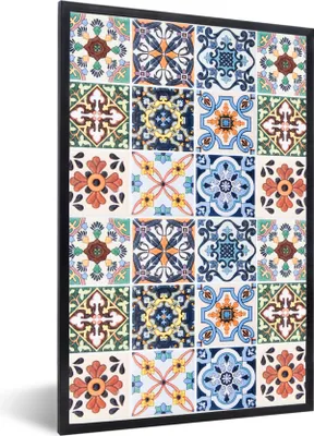 Produktbild von MuchoWow® Gerahmtes Poster Design - Blumen - Orange - Blau - Abstrakt 60x90 cm - Poster mit Schwarzem Bilderrahmen Wandposter Rahmen Foto Bilder - Kunst