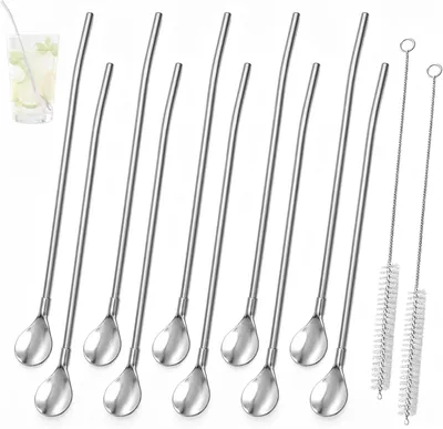 Imagen del producto de Pajitas-cucharas 2 en 1, paquete de 10 unidades, acero inoxidable 304, reutilizables, para bebidas