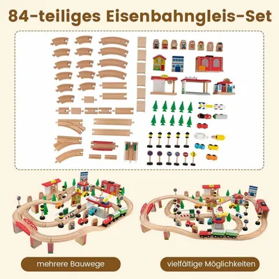 Image de Ensemble de table de train en bois avec plateau réversible, 84 pièces