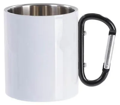 Produktbild von Edelstahlbecher für Sublimation mit schwarzem Karabinerhaken als Henkel - 10oz / 300ml
