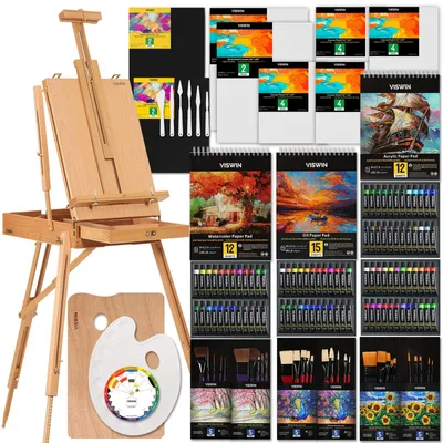 Produktbild von Malset Staffelei Künstlerset - 147-teilig - Acryl, Öl und Aquarell - Leinwand