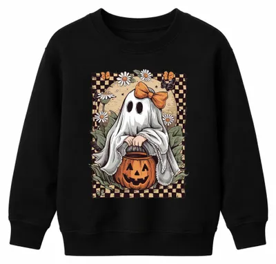 Produktbild von Süßes Gespenst Halloween Kürbis Spooky Season Kinder Sweatshirt Pullover, Schwarz, 152
