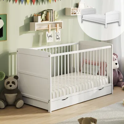 Obrázok produktu pre Detská postieľka 60x120, premeniteľná, so zásuvkou, mrežová postieľka, detská postieľka, výškovo nastaviteľná a s odnímateľnými priečkami | ďalšie rozmery: 70x140 cm | 60x120 cm: od narodenia do 3 rokov, biela