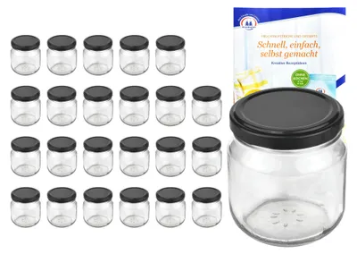 Zdjęcie produktu dla zestaw 24 okrągłych słoików z czarną pokrywką o pojemności od 212 ml do 66 ml wraz z książeczką z przepisami