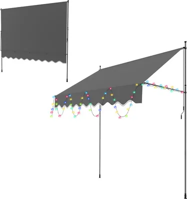 Obrázek produktu pro Clanmacy upínací markýza s LED 200x120cm markýza Výškově nastavitelná balkonová markýza s ruční klikou Ochrana proti slunci bez vrtání pro terasy a balkony Šedá barva
