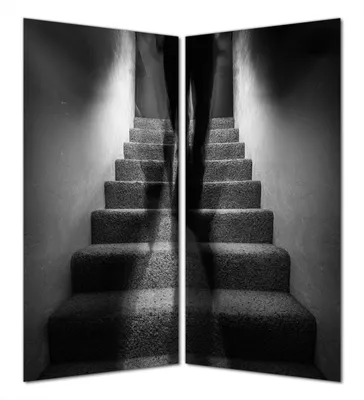 Produktbild von Wallario selbstklebende Duschrückwand 160 x 180 cm mit Motiv Mysteriöse Treppe mit Schattenfigur - Schwarzweiß - Wandverkleidung mit Hochglanzlaminat in Glasoptik
