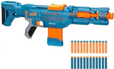 A blue and orange Nerf Echo CS-10 blaster with a clip loader and darts, presented on a white background.