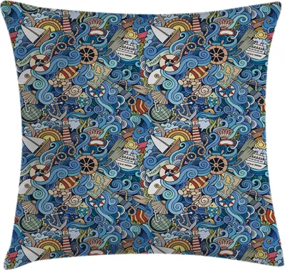 Immagine prodotto di ABAKUHAUS Federa per cuscino nautica, motivi astratti Mare Cavallucci marini Pesci corallo Mappe del globo Oceano, 45 x 45 cm, multicolore Blu