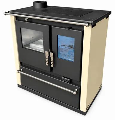Zdjęcie produktu dla EEK A+ - Verso CS Plus Inox Ivory 7,7 kW z piekarnikiem, płytą grzejną i schowkiem na drewno po lewej stronie