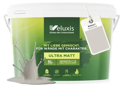 Produktbild von Wandfarbe Hellgrau Grau Beige Matt Innenfarbe – Deckkraft Klasse 1, VOC-frei, Ohne Grundierung, Tropfarm – Wohnzimmer & Schlafzimmer – 5L – Veluxis (Opened Oyster)