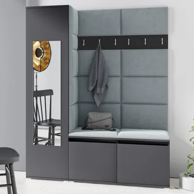 Produktbild von Garderoben-Set LINDA – Kleiderschrank mit Polsterplatten, Schuhschrank und Schrankaufsatz, für Flur und Eingangsbereich (Graphit, Trinity 14)