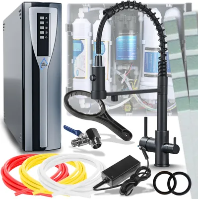 Obrázek produktu pro 3cestná kuchyňská baterie Ari Solid Spring s přípojkou pro filtr vody, dvěma výtoky, otočnou výsuvnou sprškou, černá mat