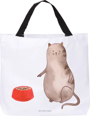 Produktbild von Mr. & Mrs. Panda Tote Bag Katze Fressen - Weiß - Geschenk, Strandtasche, Tasche, Schultasche, Laptoptasche, Reisetasche