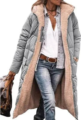 Produktbild von ASKSA Damen Lang Daunenmantel Warm Fleece Reversibel Winterjacke Kapuze Fleecejacke Daunenjacke Mantel, Silber, M