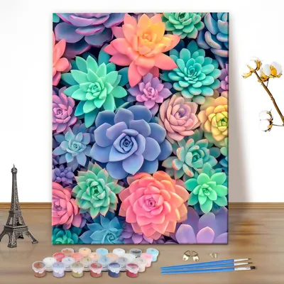 Immagine prodotto di Kit per dipingere per adulti, soggetto: succulente, dimensioni 40x50 cm, senza cornice. Kit creativo fai-da-te con pennelli e colori acrilici