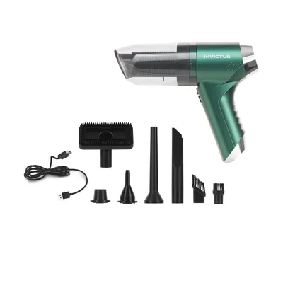 A cordless handheld vacuum cleaner and its accessories are displayed against a white background.