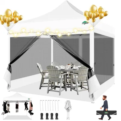 Produktbild von Faltpavillon 3x3m Wasserdicht UV-Schutz mit 4 Mesh-Seitenwänden Weiß Höhenverstellbar