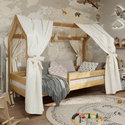 Produktbild von Kinderbett Tom Hausbett (in Hausform) mit Rausfallschutz und Lattenrost | 180x80 cm | Kiefer, 100% Massivholz, natürliche Maserung | für Kinder, universell, stabil