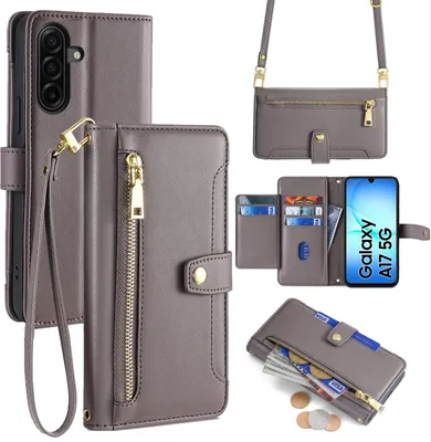 Produktbild von Handykette für Samsung Galaxy A17 Hülle mit Band Handyhülle Kartenfächer Kunstleder Umhängetasche in Grau