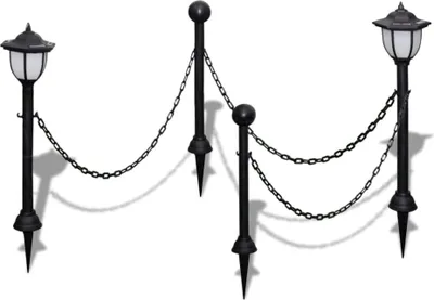 A set of three black garden lamps connected by chains, displayed against a white background.