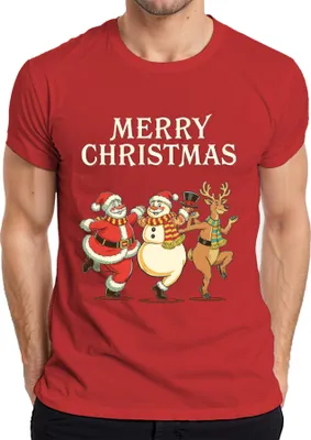 Produktbild von MERRY CHRISTMAS Weihnachtsmann Schneemann Rentier tanzend Vintage Herren T-Shirt, Rot, 3XL
