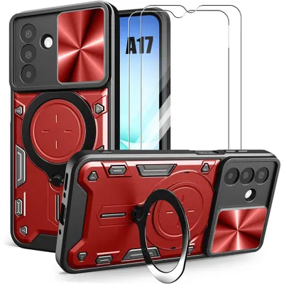 Image de Coque + 2 Verres Trempés pour Samsung Galaxy A17 5G/4G, Protection avec Cache Caméra et Anneau - Rouge