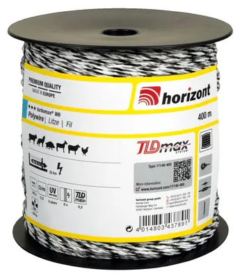 Produktbild von horizont Weidezaunlitze turbomax® W6 | 400 m | 6 Leiter Ø 0,30 mm turbomax® - Unsere Premium-Serie für extreme und ganz besonders hohe Ansprüche. Das turbomax Leitermaterial bietet sehr hohe Leitfähigkeiten und eignet sich für extrem lange