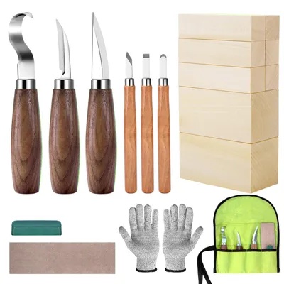Image de Kit de sculpture sur bois comprenant 8 blocs de bois de tilleul, 6 couteaux, pour la sculpture sur bois