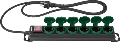 A black power strip with six green-covered outlets and a red switch is shown against a white background.