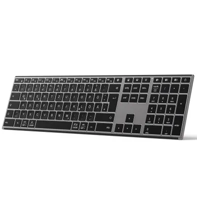 A full-size wireless keyboard with a numeric keypad is shown from a slightly elevated side angle against a white background.
