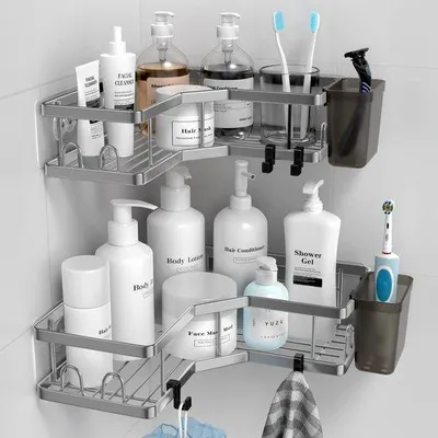 Produktbild von Unyqoos® Duschregal ohne Bohren – 2er Set, selbstklebende L‑Eckablage aus Edelstahl, schwarz, mit 4 Haken & 2 Zahnpastahaltern, bis 10 kg Tragkraft