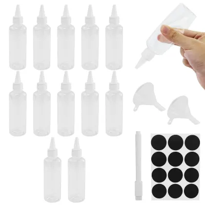 12 Kunststoff-Knijpflaschen 100 ml transparent mit Trichter und Etiketten