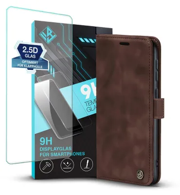 Produktbild von Handy Hülle für Samsung Galaxy Xcover7 mit 9H Displayglas Klapphülle Bookcase Flip Cover Handy Tasche Etui Farbe: Dunkelbraun