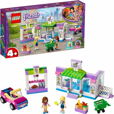 A LEGO Friends Supermarket playset is shown, with the product box at the top and the assembled toy set below.