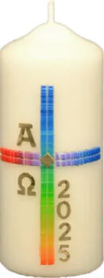 Produktbild von Osterkerze Regenbogenkreuz, A und O, Jahreszahl 120 x Ø 50 mm